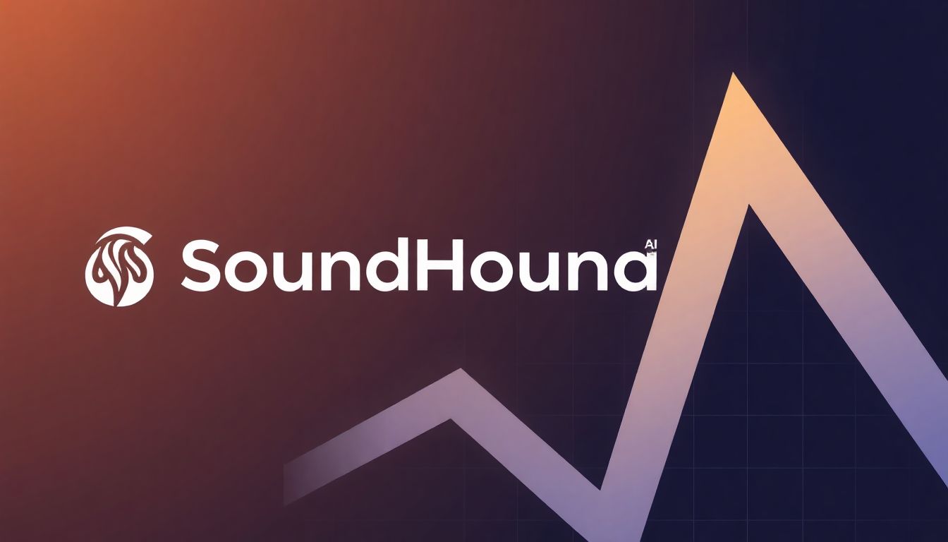An illustration of a stock market graph showing a steep upward trend, with SoundHound AI's logo prominently featured.