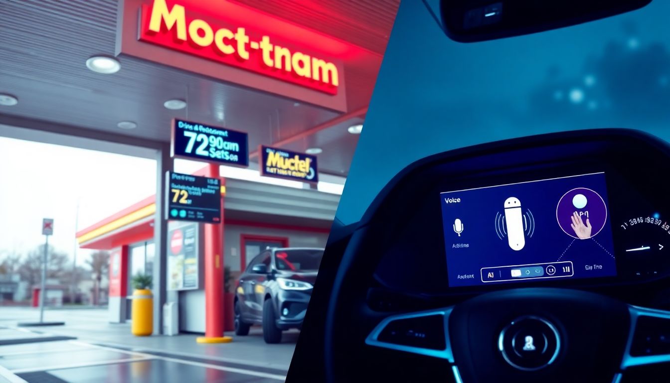 A vibrant image of a quick-service restaurant drive-through with AI-powered ordering systems and a futuristic car dashboard displaying voice assistant features.