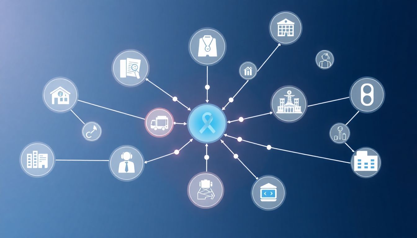 An illustration of various industries such as healthcare, finance, and insurance, all connected by a web of AI-powered virtual agents.