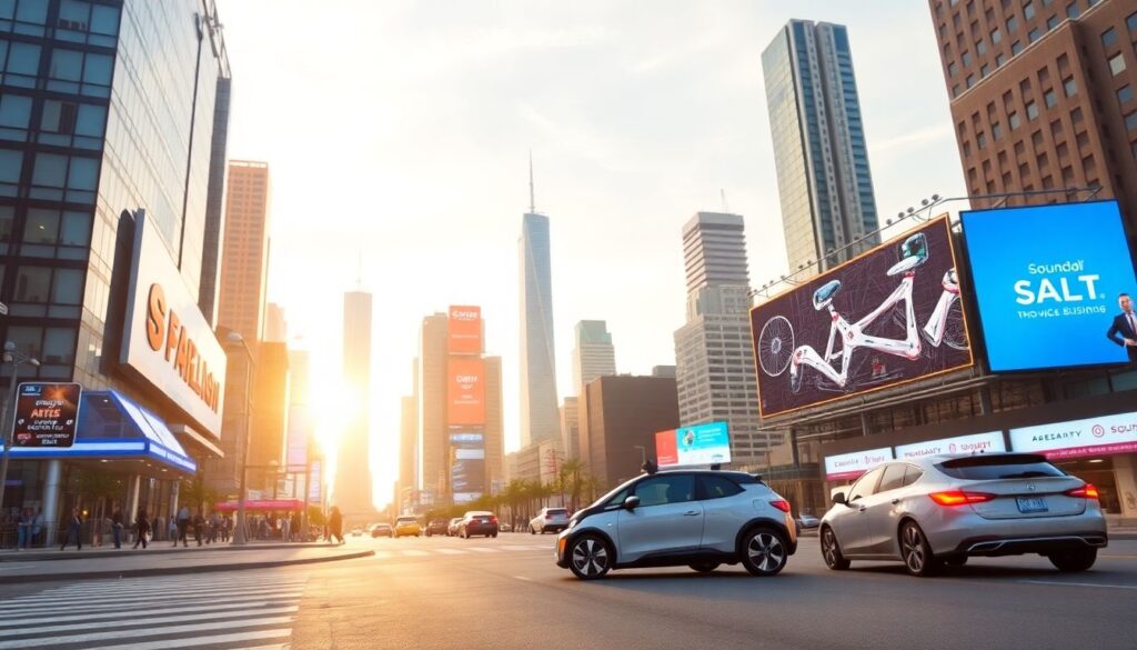 An image of a futuristic cityscape with AI-powered billboards and autonomous vehicles, showcasing the integration of SoundHound AI technology in various industries such as quick-service restaurants, automotive, and hospitality.