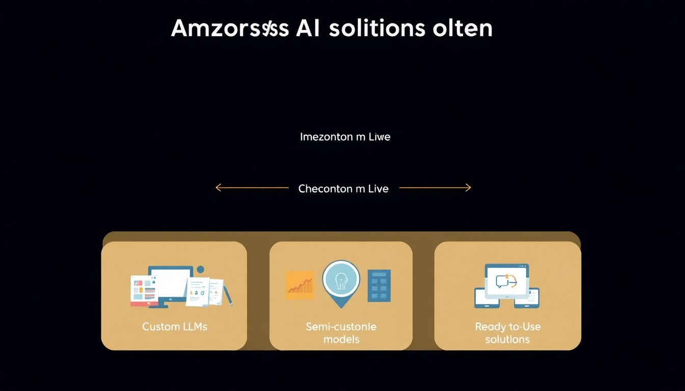 Illustrate a diagram showcasing Amazon's three-tiered AI solutions platform, with visuals of custom LLMs, semi-customized models, and ready-to-use solutions.