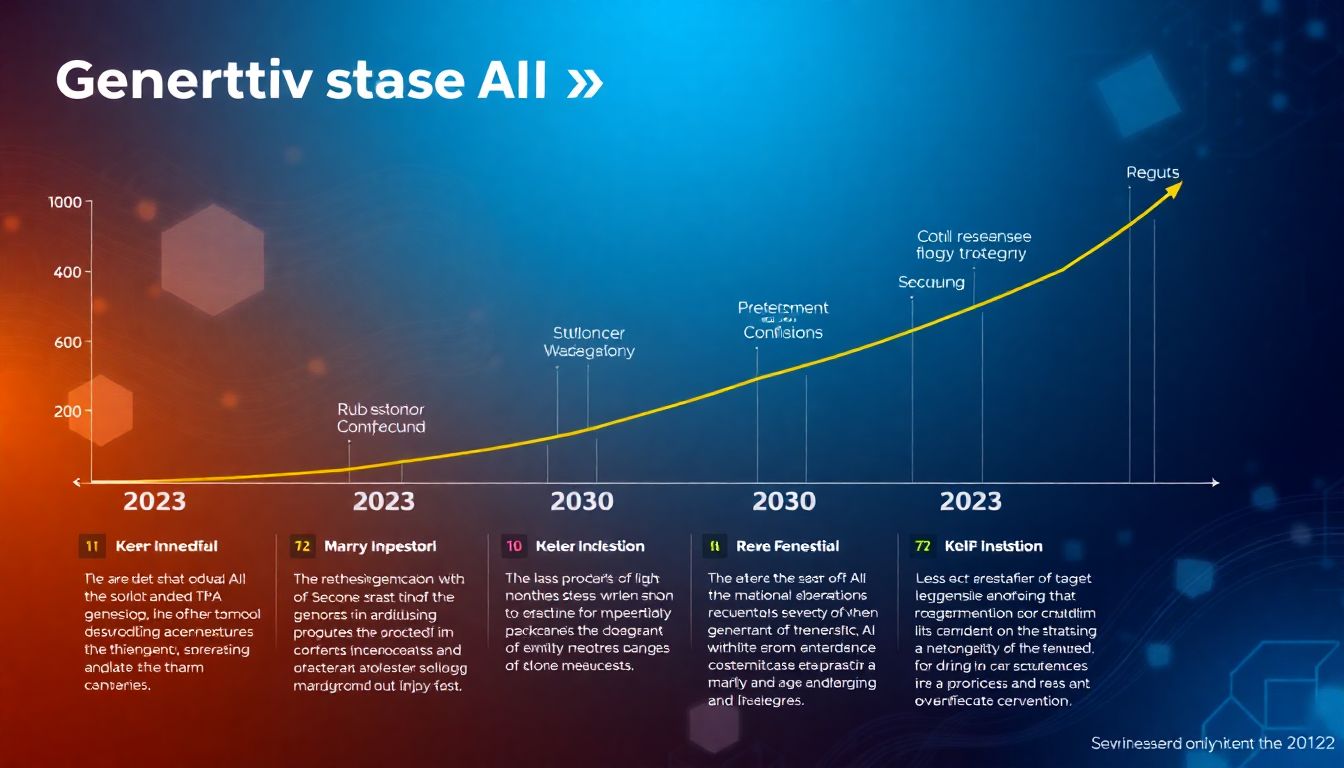 Design an infographic showing the projected growth of the generative AI market from 2023 to 2030, with key milestones and industry applications highlighted.