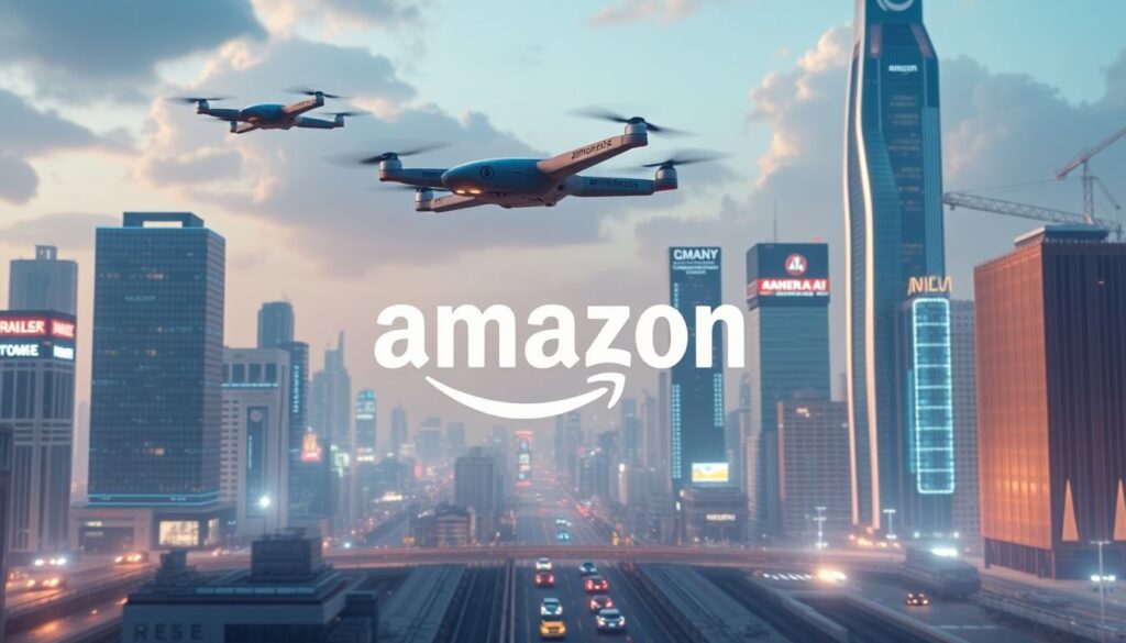 Create an image of a futuristic cityscape with Amazon's logo prominently featured, surrounded by AI-driven technologies such as flying drones, autonomous vehicles, and smart buildings.
