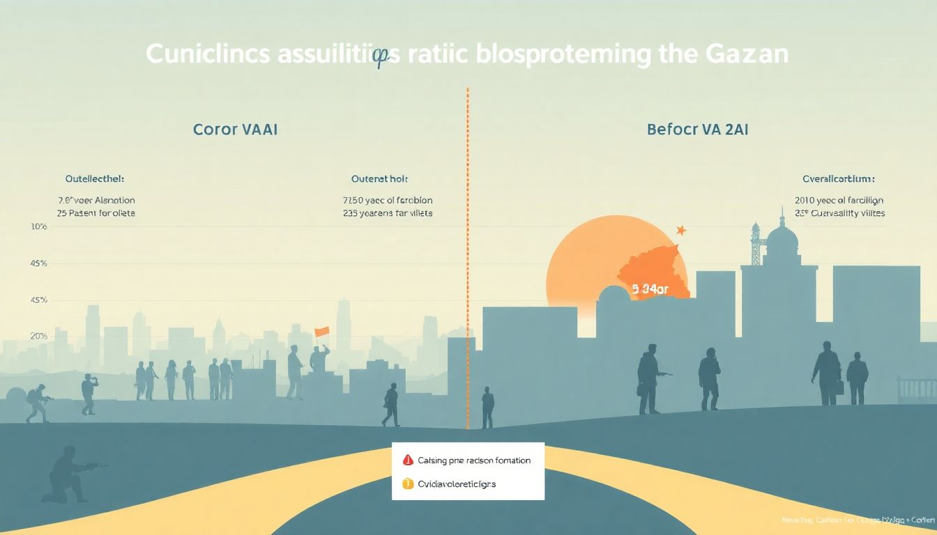 Design an infographic comparing civilian casualty ratios before and during the Gaza war, highlighting the role of AI in these changes.