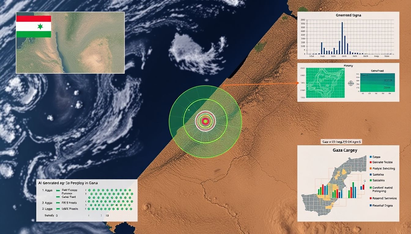 Create a visual representation of AI-generated targets in Gaza, showing satellite footage, data analysis, and military decision-making processes.