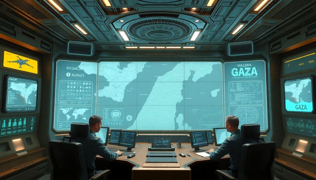 Create an image depicting a futuristic military command center with advanced AI systems, maps of Gaza, and officers discussing strategies.