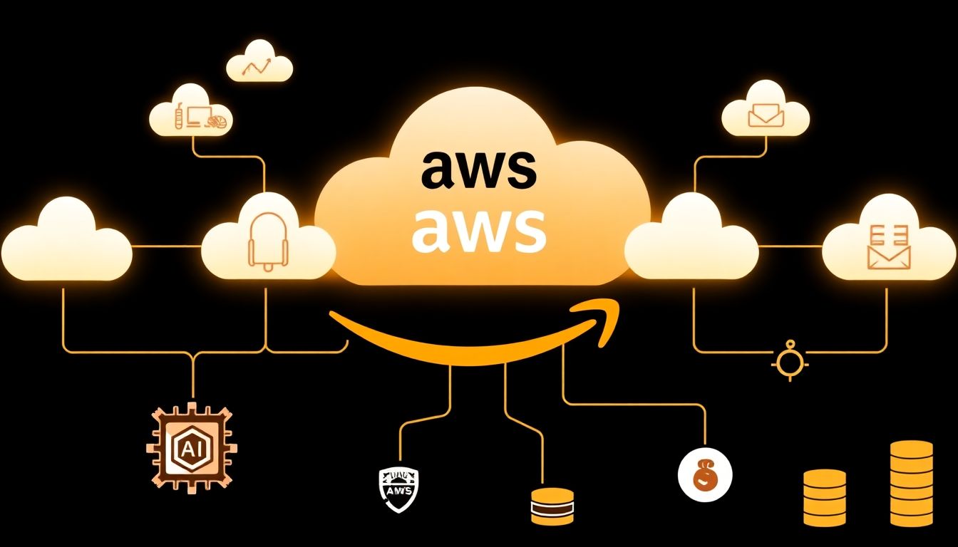 Create an image of Amazon's AWS cloud platform with interconnected AI applications, such as virtual chatbots and large language models. Include icons of AI chips and cash flow graphs to represent Amazon's financial strength and innovation in the AI space.
