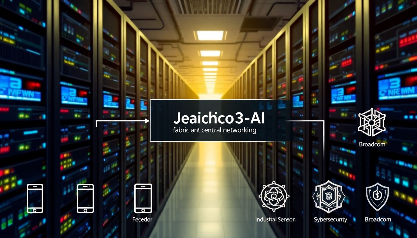 Create an image of a data center filled with interconnected GPUs, highlighting Broadcom's Jericho3-AI fabric as the central networking solution. Include icons of smartphones, industrial sensors, and cybersecurity shields to represent Broadcom's diverse product offerings.