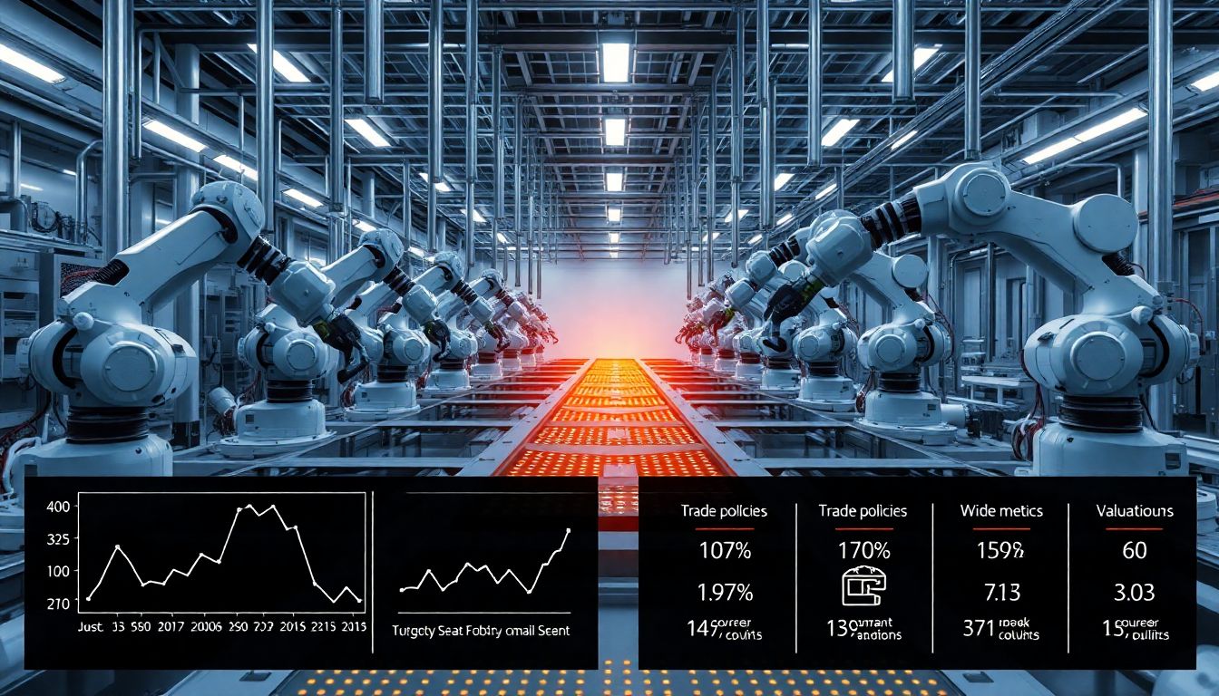Create an image of a semiconductor fabrication plant with robotic arms assembling AI chips. Include graphs showing the company's CoWoS capacity targets and icons representing trade policies and valuation metrics.