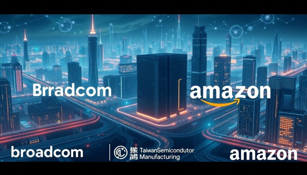Create an image showcasing a futuristic cityscape with AI-driven technologies, such as self-driving cars, smart buildings, and advanced robotics, all connected by a network of data centers. Include icons or logos of Broadcom, Taiwan Semiconductor Manufacturing, and Amazon to highlight their significance in this AI-driven future.