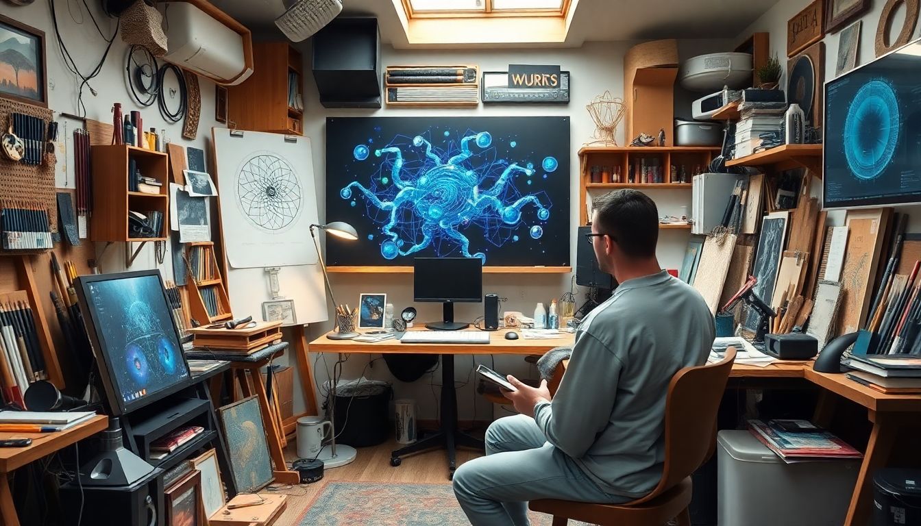 An artist's studio filled with a blend of traditional creative tools and advanced AI technologies, with the artist thoughtfully integrating both into their work.