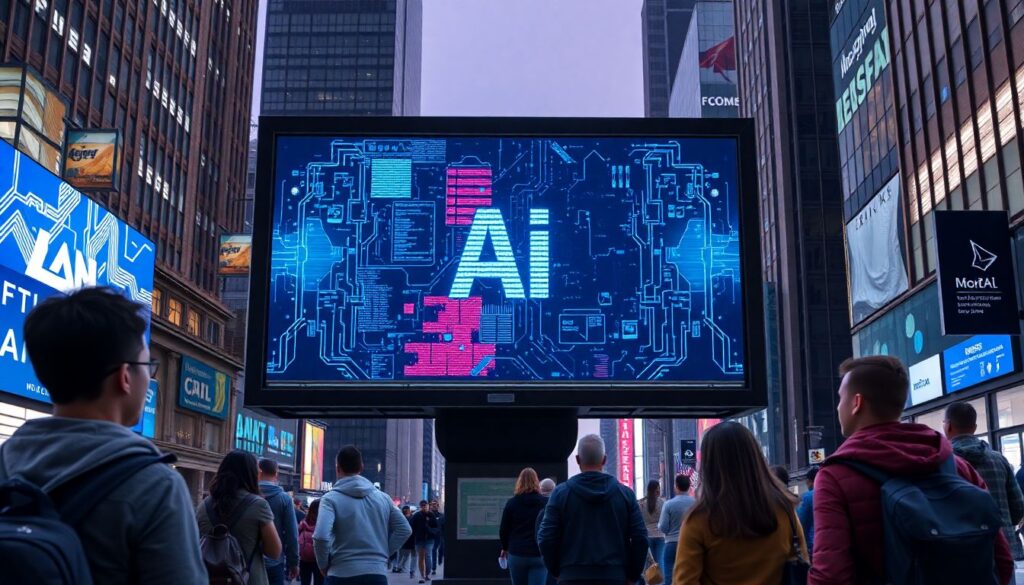 Create an image of a futuristic advertising billboard with a glitching AI-generated ad, surrounded by curious onlookers with mixed reactions, set in a bustling cityscape.