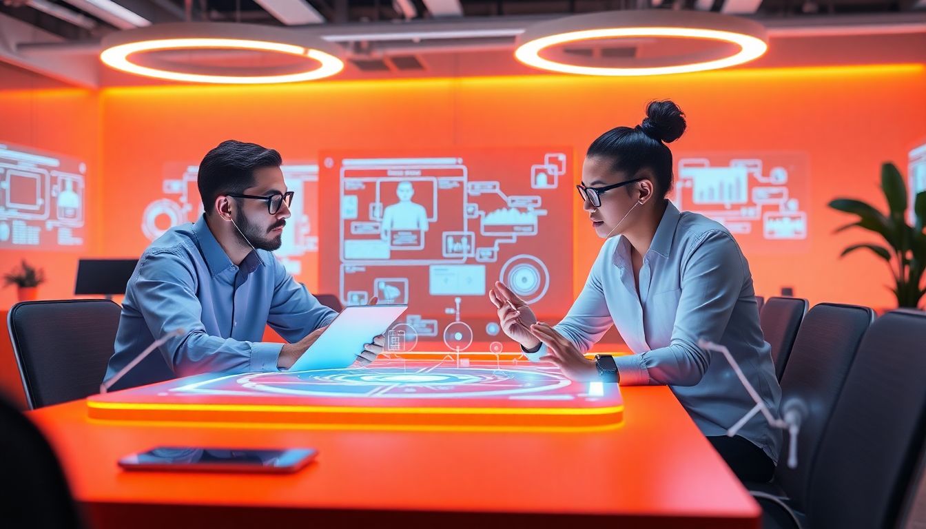 Create a futuristic workspace where human creatives collaborate with AI tools, depicted as sleek, semi-transparent interfaces assisting in brainstorming sessions, with a balance of human and digital elements.