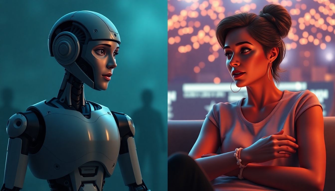 Illustrate the contrast between a cold, robotic AI-generated ad and a warm, emotionally resonant human-created ad, with the AI ad featuring stiff, unnatural figures and the human ad showing vibrant, relatable scenes.
