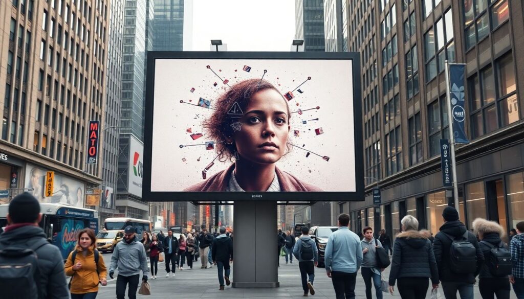 Create an image that represents the disconnect between marketers' enthusiasm for generative AI ads and the public's lukewarm reception, showcasing a futuristic ad billboard with a glitchy, imperfect AI-generated image that fails to capture human emotion, set against a backdrop of a bustling city with people walking by, largely ignoring the ad.