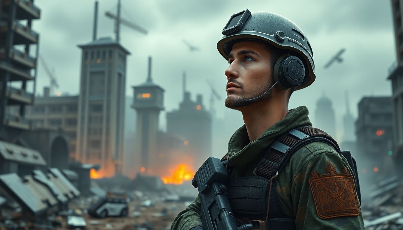 Create an image of a soldier contemplating the ethical dilemmas of AI-driven warfare, with a backdrop of destroyed buildings and advanced technology.