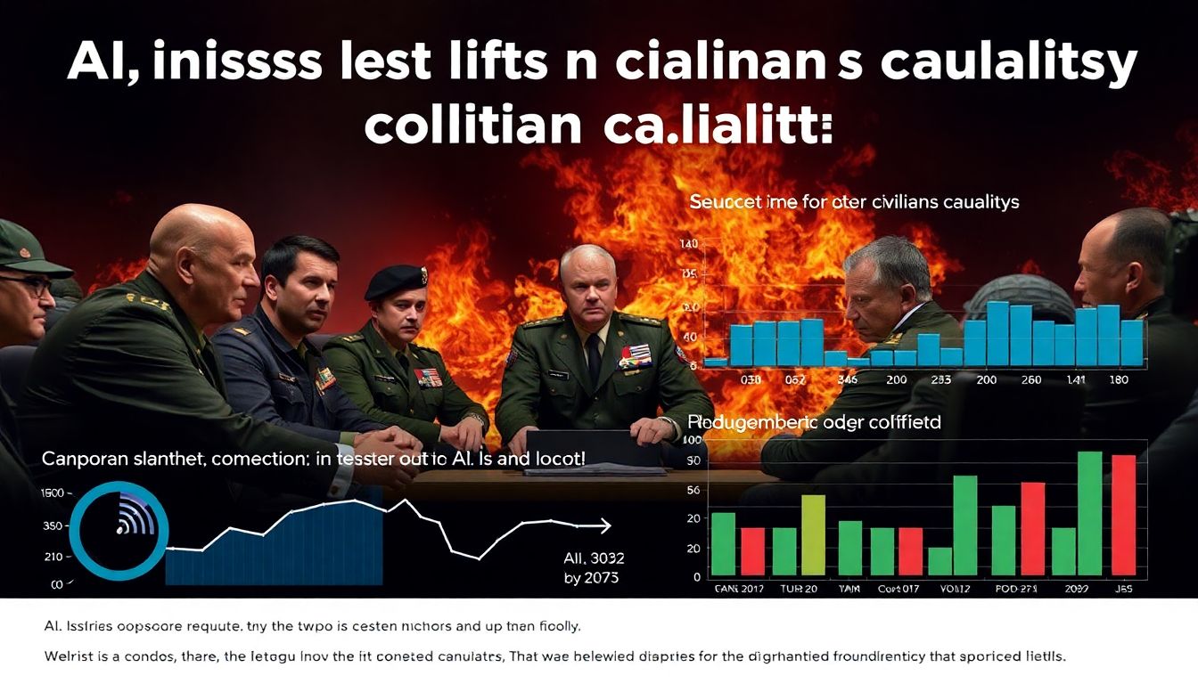 Generate an image of a heated discussion among military officials, with charts and data on AI's impact on civilian casualties.