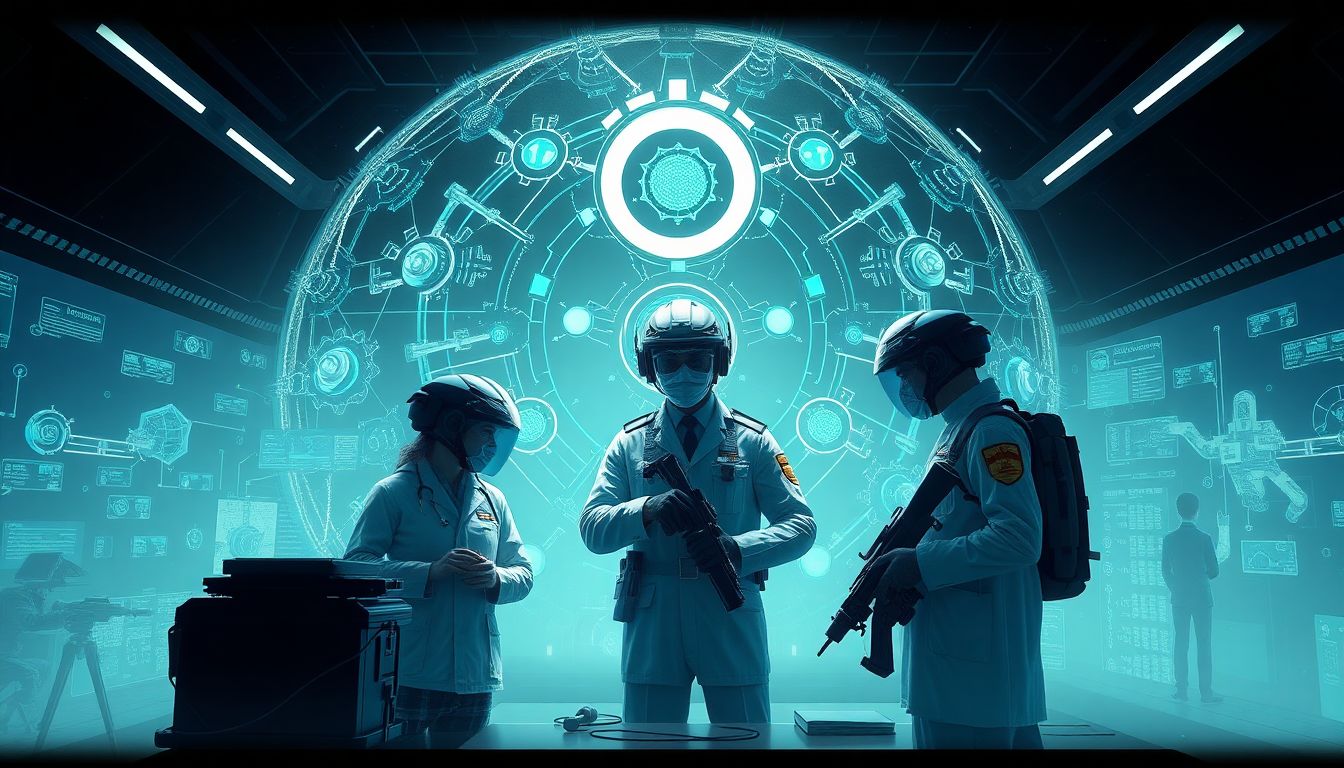 Create an image depicting the development of Habsora, showing scientists and military personnel working together on advanced AI systems.