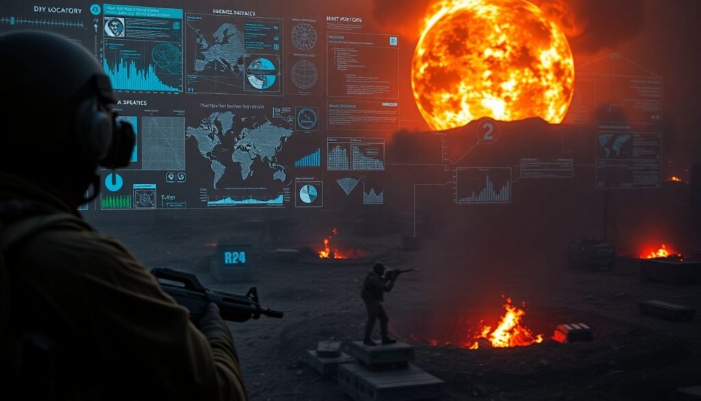 Generate an image that captures the essence of Israel's advanced AI military operations, showcasing a blend of high-tech surveillance, data analysis, and the grim reality of warfare in Gaza.