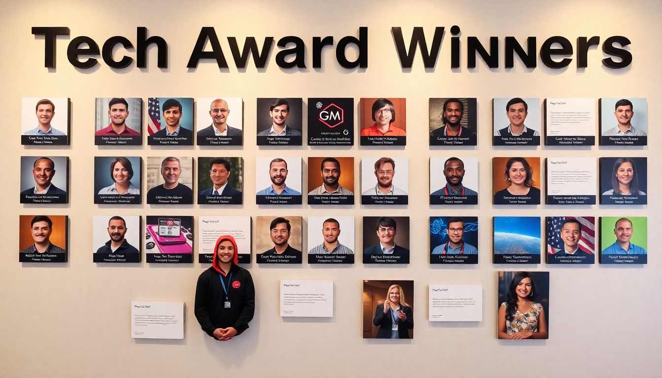 Create an image of a tech award winners' wall of fame, featuring portraits of the recipients and their innovative projects.