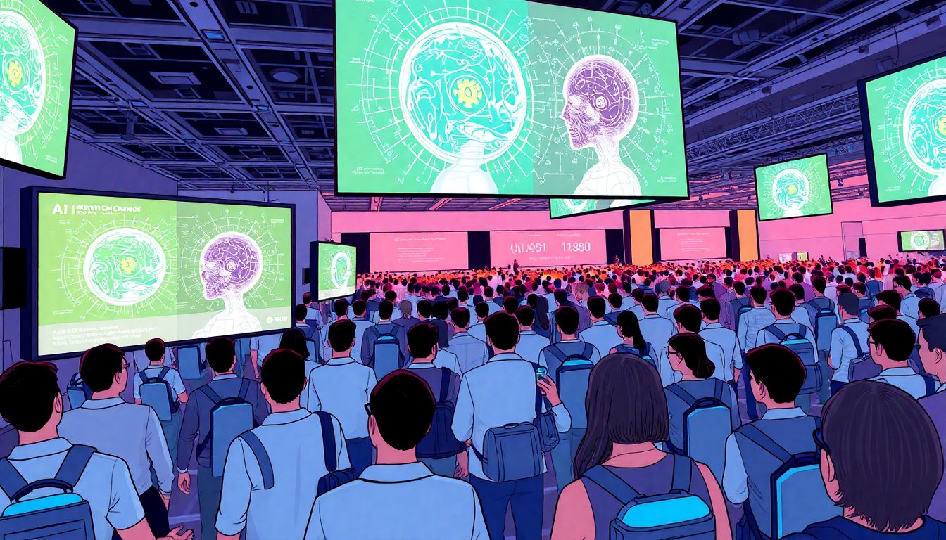 Illustrate a bustling tech conference with AI models displayed on large screens, surrounded by enthusiastic attendees and futuristic gadgets.