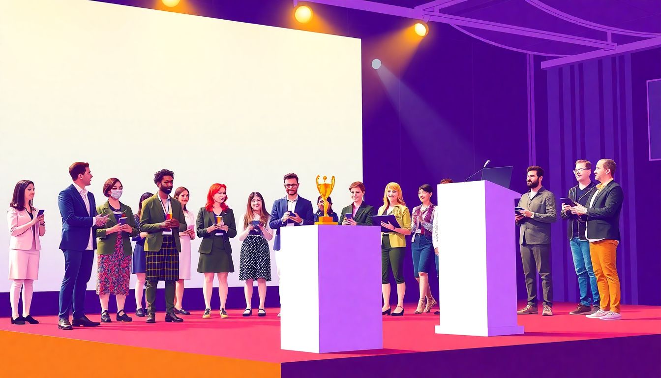 Design a vibrant award ceremony setting with a podium, trophies, and a diverse group of tech innovators receiving their awards.