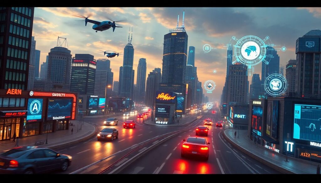 Create an image showcasing a futuristic cityscape with AI-driven innovations, including flying cars, advanced robotics, and holographic interfaces, symbolizing the rapid progress and shift in the tech industry.