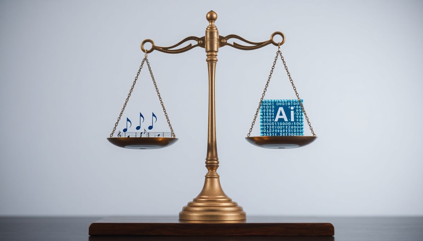 Create an image of a scale of justice with musical notes and AI algorithms balanced on either side, symbolizing the ethical and legal debates surrounding AI in music.