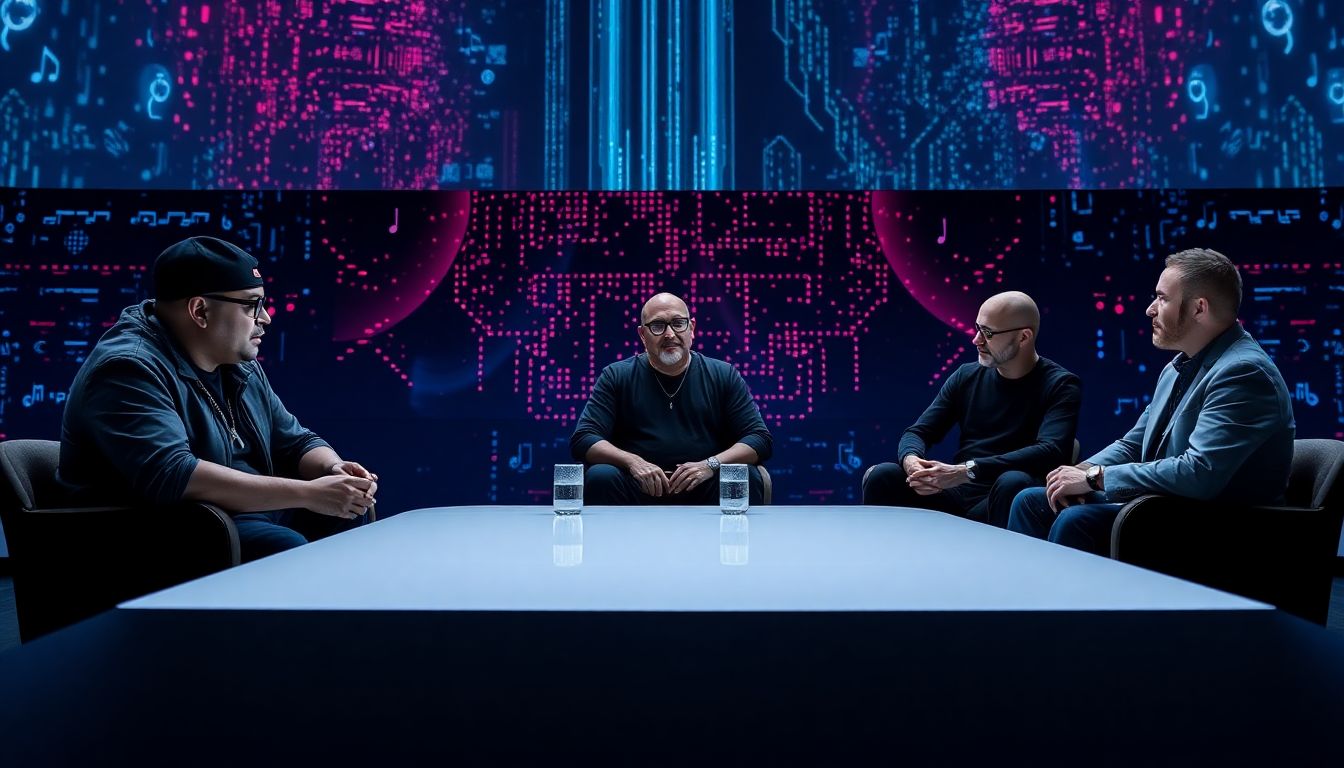 Design a panel discussion scene with Timbaland, Michael Nash, and other industry experts debating the future of AI in music, with a backdrop of AI-generated visuals.