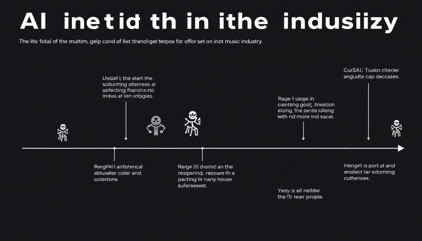 Illustrate a timeline showing the evolution of AI in the music industry, from early resistance to gradual acceptance, with key milestones highlighted.