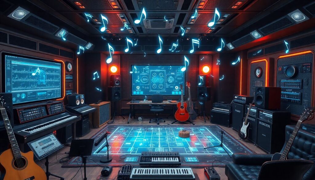 Create an image of a futuristic music studio with AI-generated musical notes floating around a digital interface, with a mix of traditional instruments and high-tech gadgets.