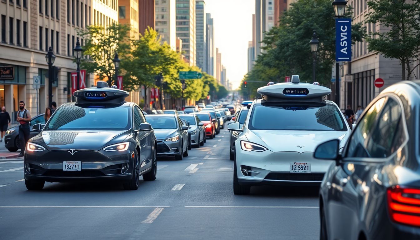 The Year of Self-Driving Cars A bustling city street with Waymo and Tesla self-driving cars seamlessly navigating through traffic.