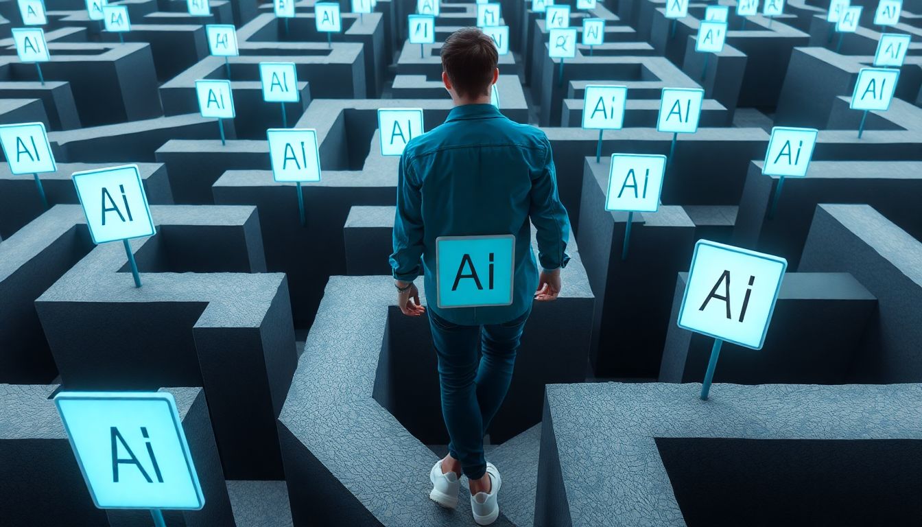 A person navigating a maze with AI signs, representing the challenges and pitfalls of relying too much on technology.