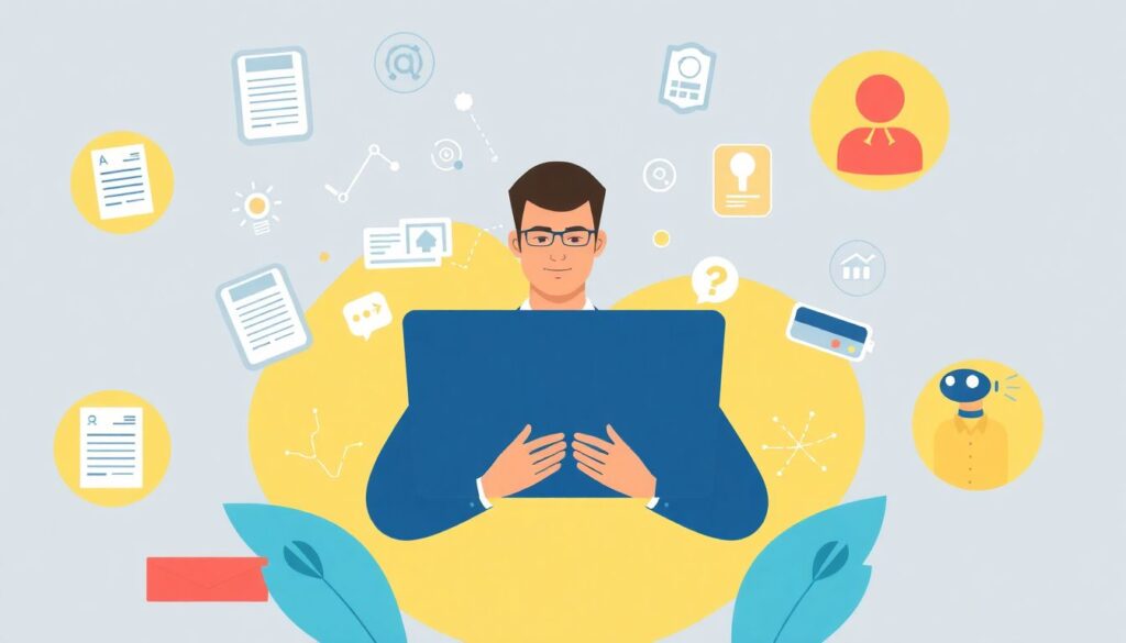 An illustration of a job seeker using a laptop with AI-powered job search tools, surrounded by icons of resumes, job listings, and a robot assistant.