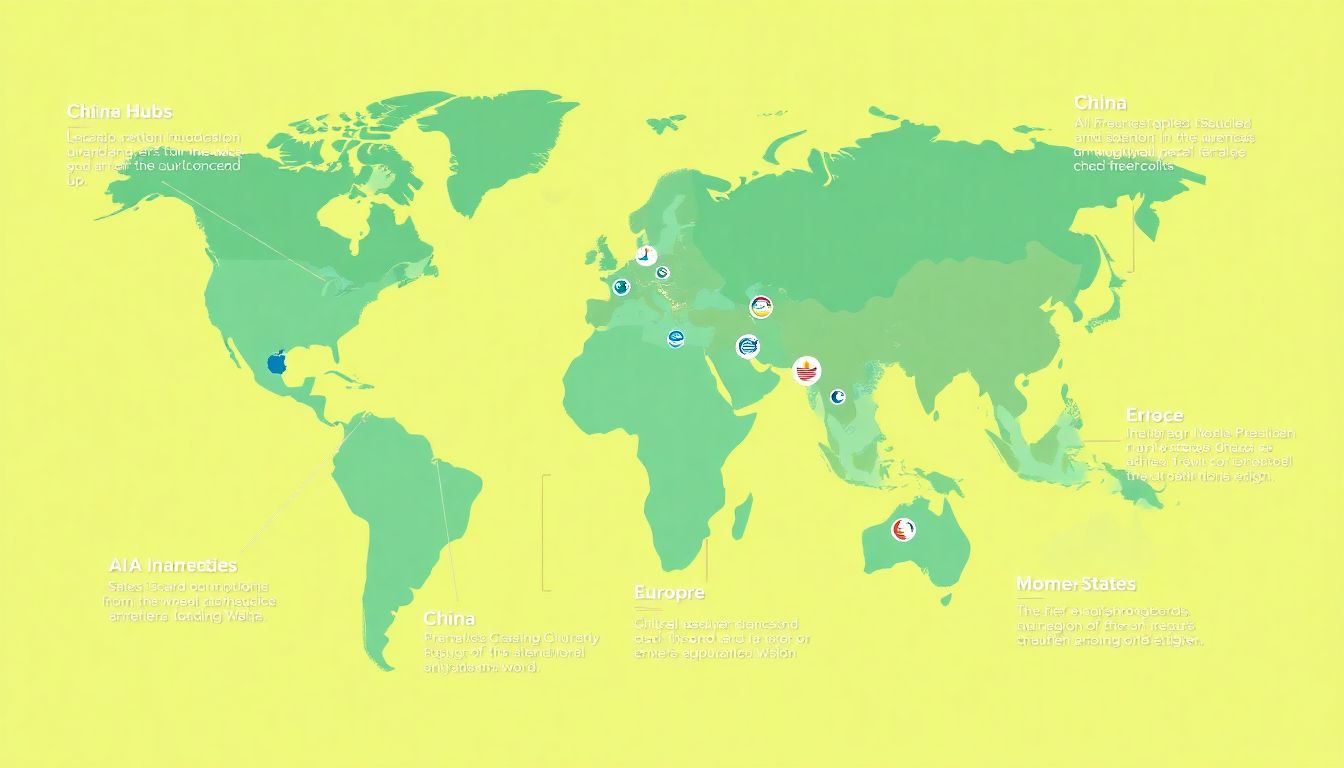 Global Innovation Accelerates Illustrate a global map with highlights on key tech hubs in China, Europe, and the United States, showcasing AI innovations in each region.