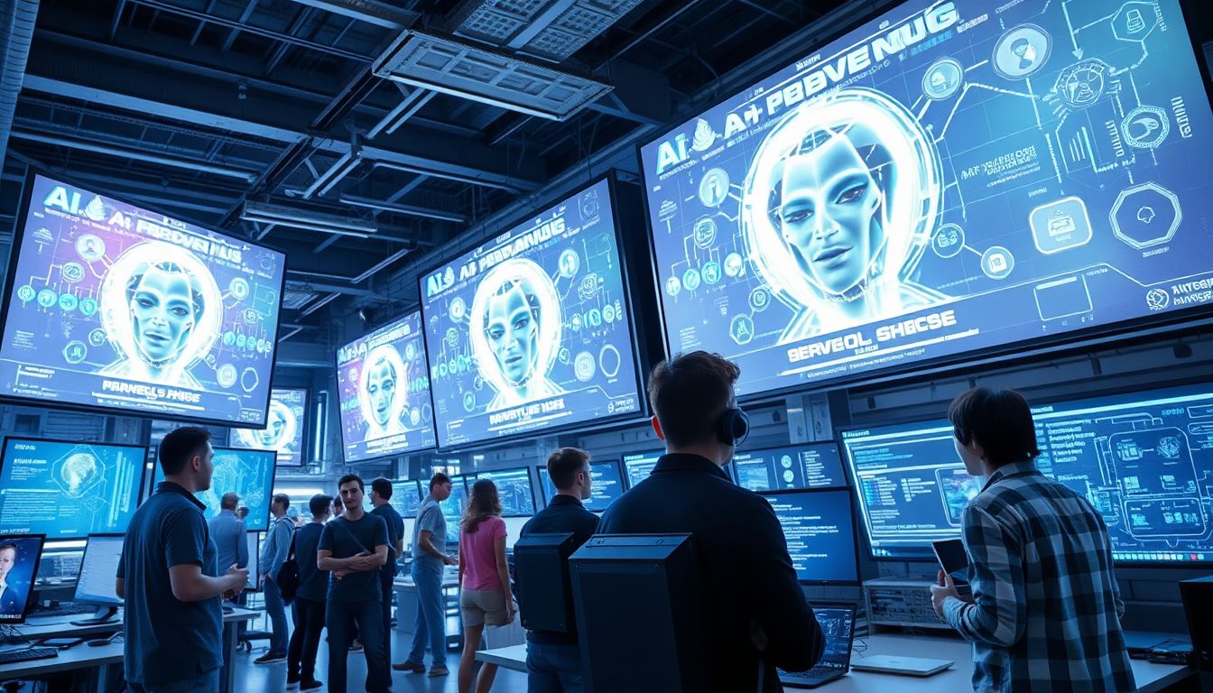Silicon Valley's AI Powerhouses Design an image showcasing a bustling tech hub with AI models displayed on large screens, surrounded by eager developers and futuristic gadgets.