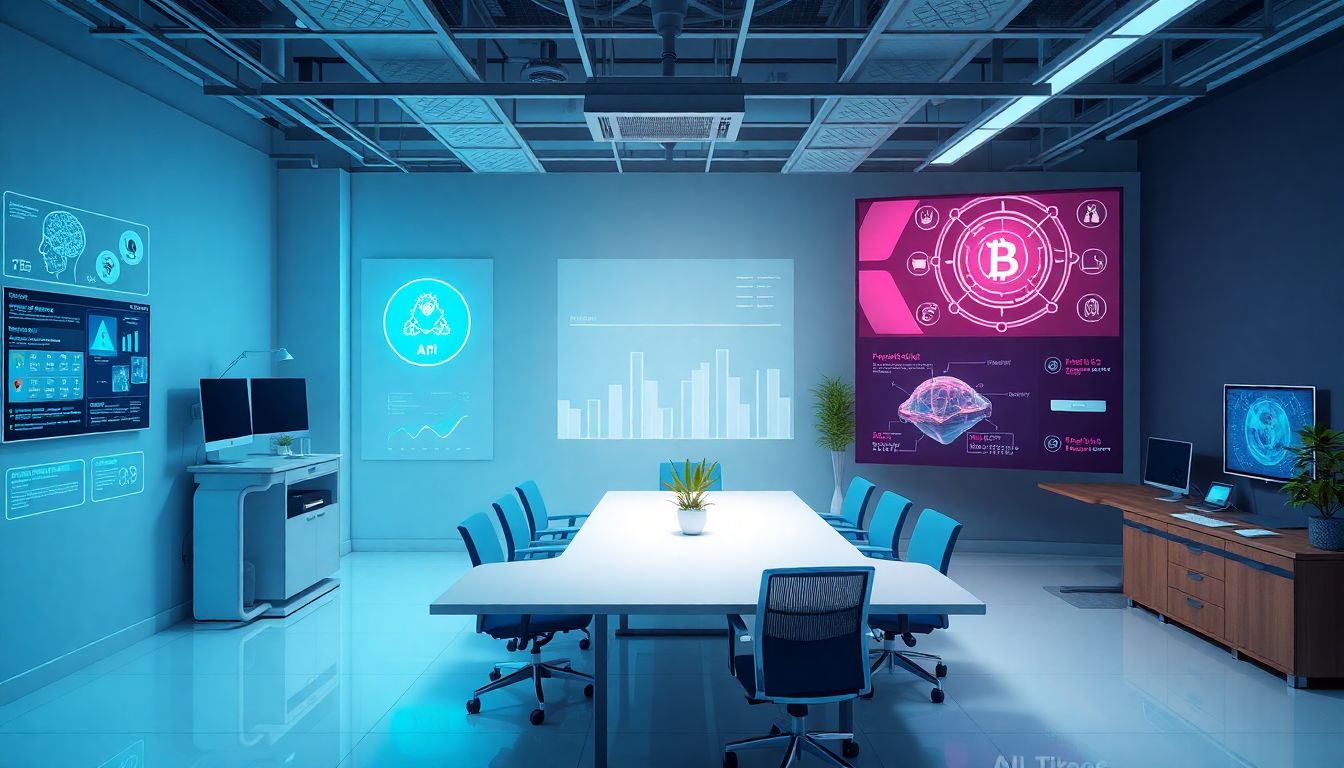 New Tools Reshape Industries Create an image depicting a healthcare setting with AI-driven diagnostic tools, a financial office with AI risk assessment systems, and a creative studio with AI video generation tools.