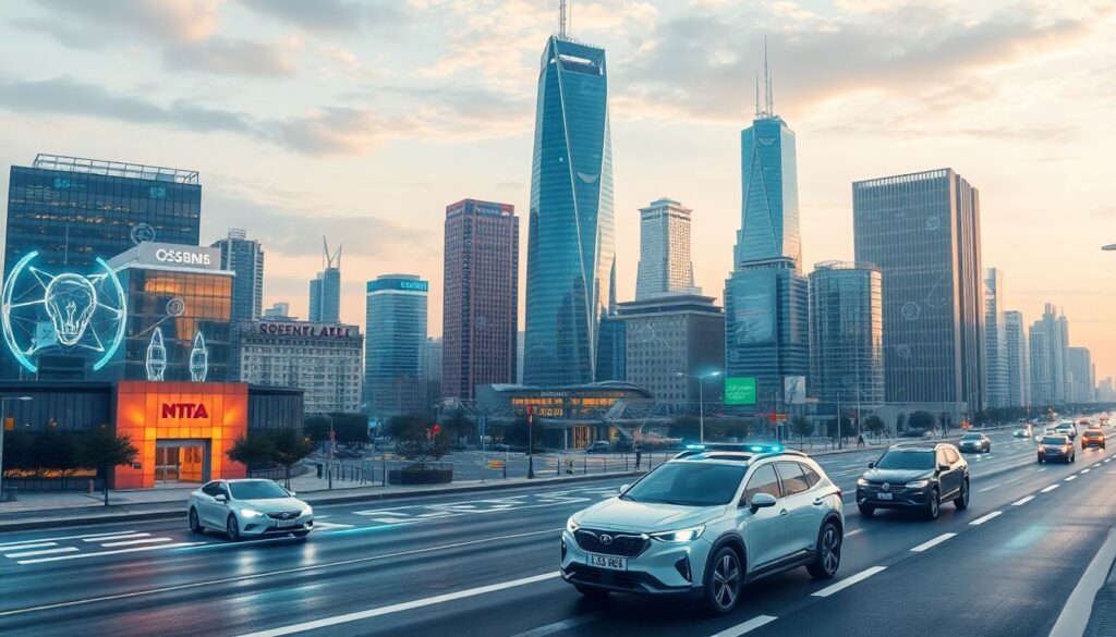 AI’s Leap Year: Smarter, Sharper and Ready to Reshape Everything Create an image featuring a futuristic cityscape with AI-driven technologies integrated into everyday life, such as self-driving cars, smart buildings, and AI assistants in various settings.