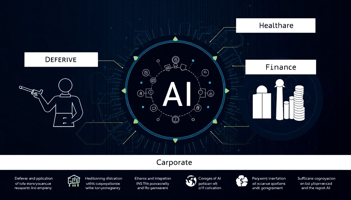Depict AI applications in defense, healthcare, and finance, with a visual representation of corporate AI integration strategies.