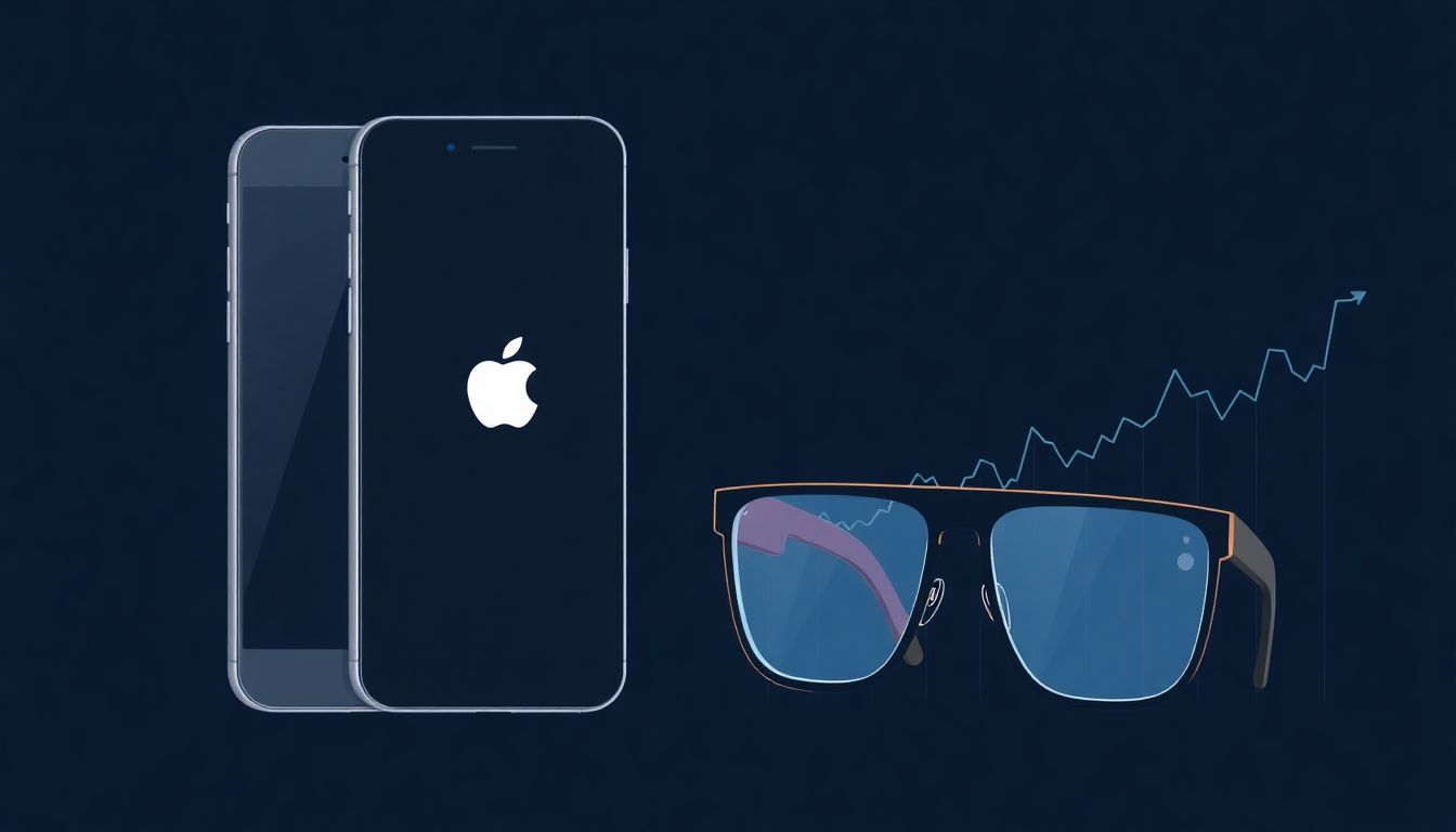 Illustrate Apple's AI-enhanced iPhones and Meta's smart glasses, with a graph showing stock market trends.