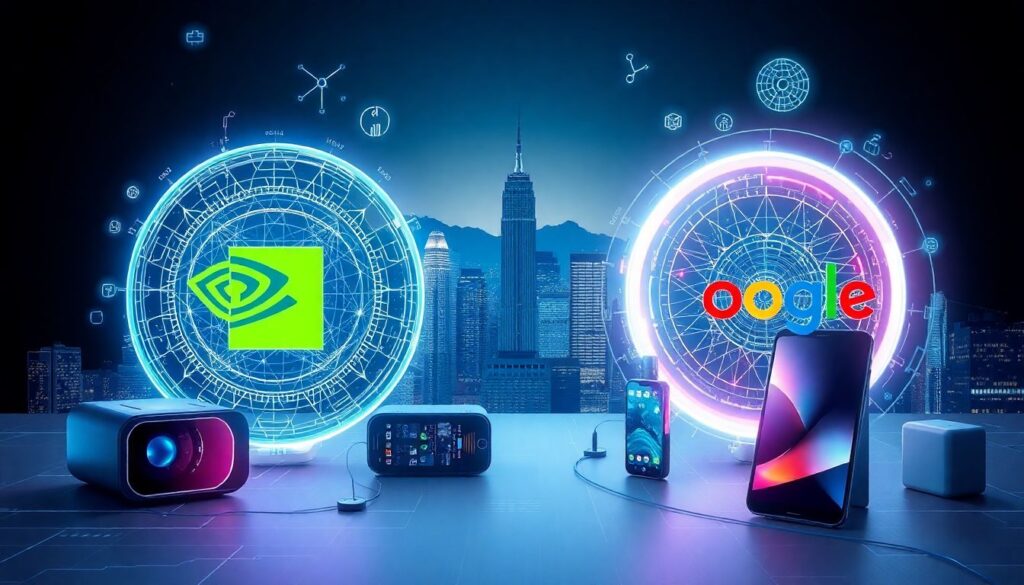 Create an image showcasing futuristic AI hardware from Nvidia and Google, with a backdrop of Silicon Valley's tech giants and innovative products like smart glasses and AI-enhanced smartphones.