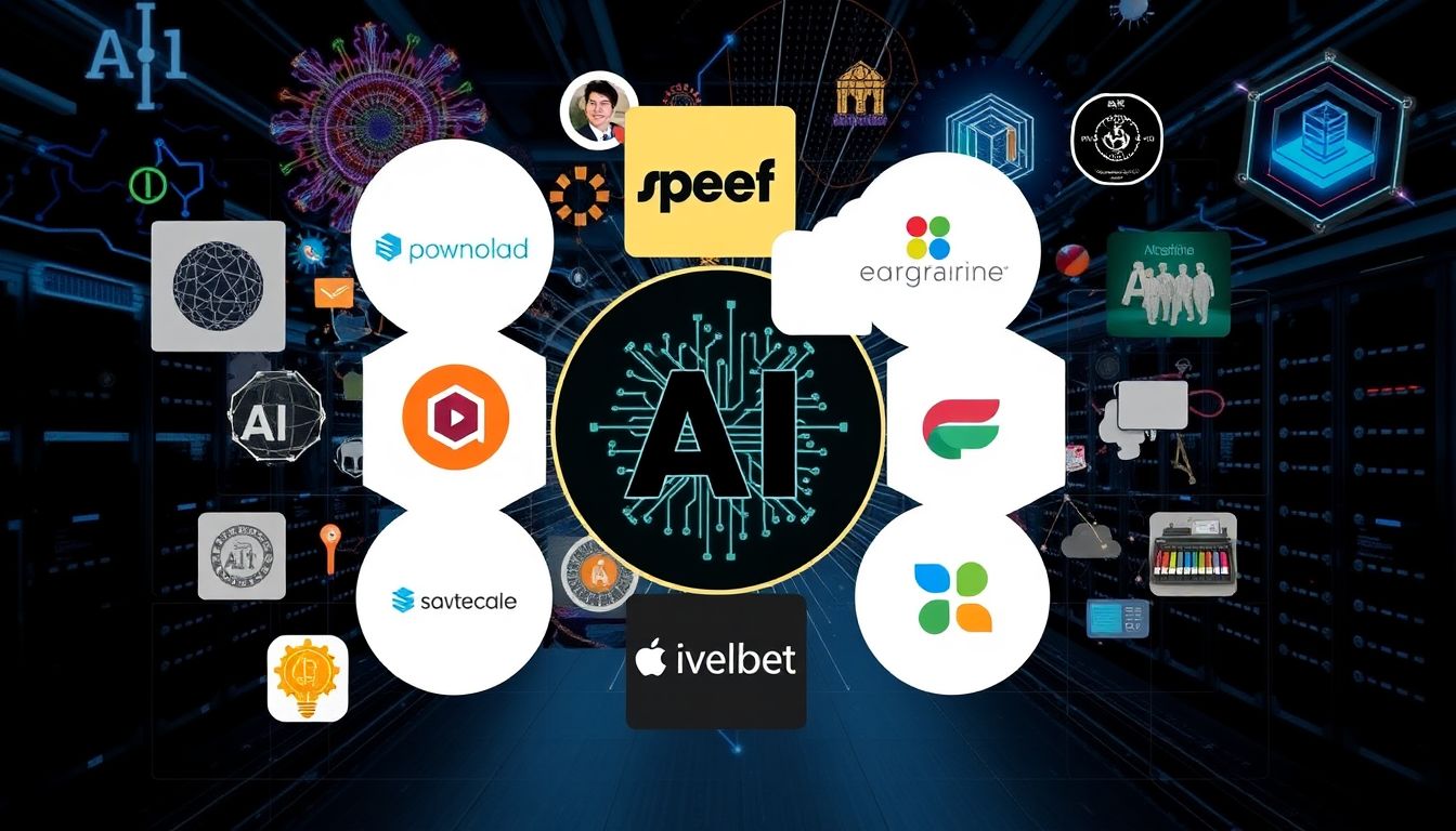Create a dynamic collage featuring the logos of the top 10 AI companies, surrounded by AI-related imagery like neural networks, data centers, and smart devices.