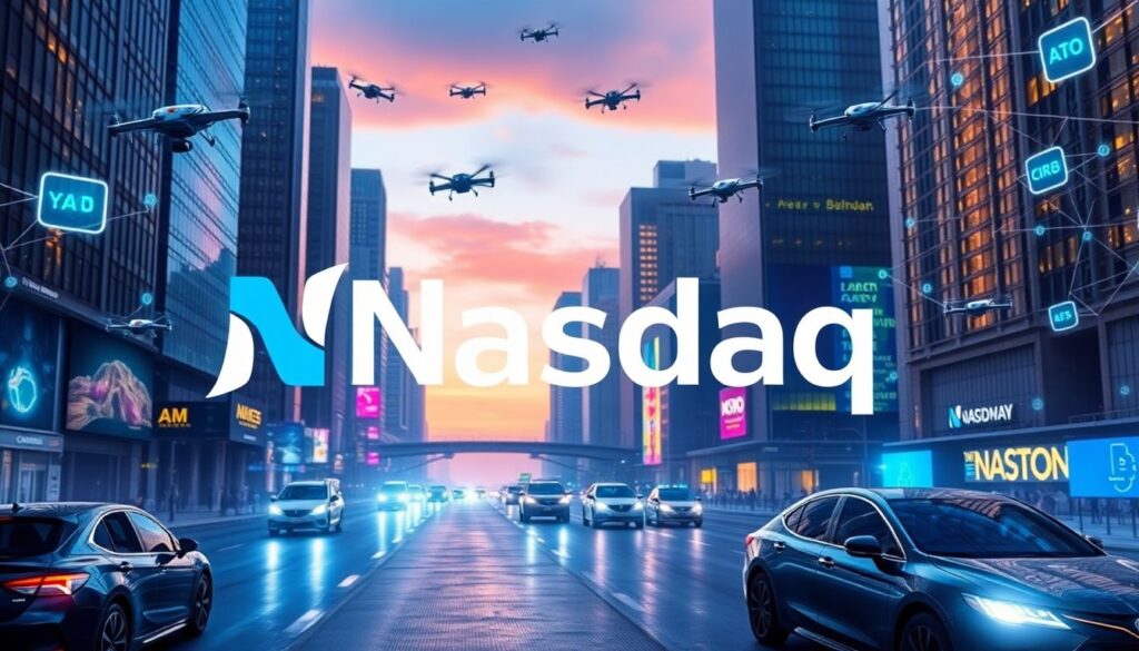 Create an image of a futuristic cityscape with the Nasdaq logo prominently displayed, surrounded by AI-powered technologies like self-driving cars, drones, and robots, all connected by a web of digital networks.