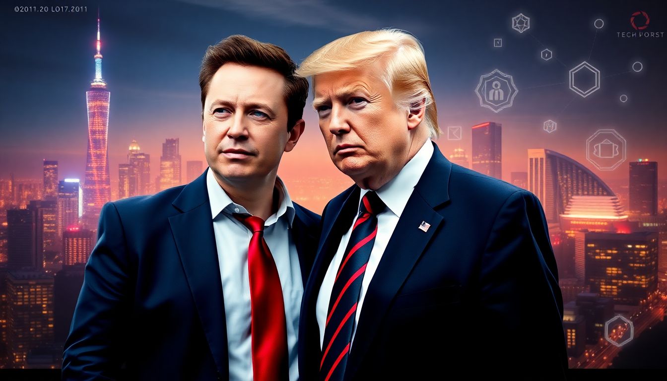 Musk, Trump, and the Tech Policy Landscape Create an image of Elon Musk and Donald Trump standing together, with a futuristic cityscape and tech symbols surrounding them.