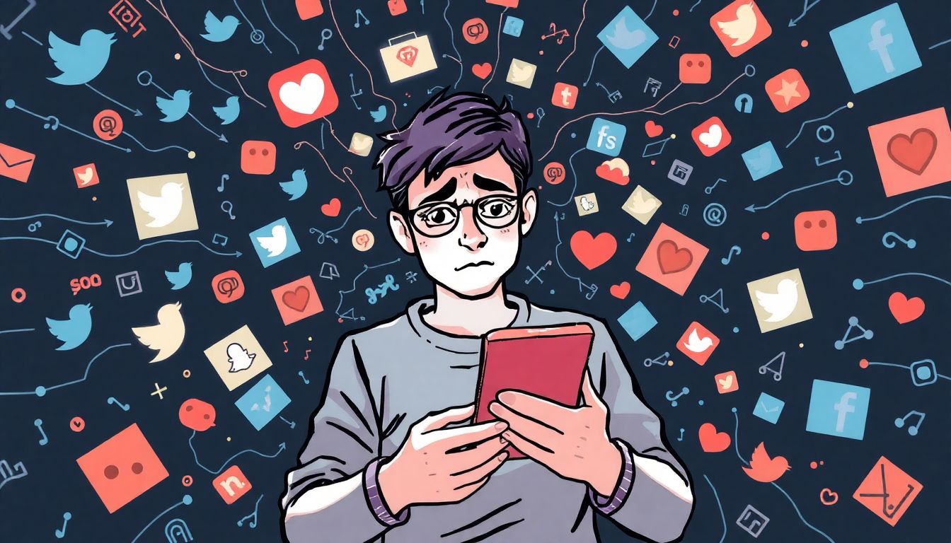 The Brain Rot Economy Illustrate a person scrolling through social media, surrounded by a swirl of algorithms and digital noise, looking overwhelmed.