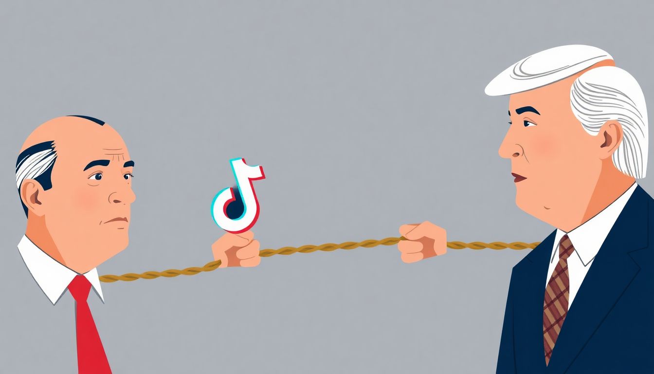 The TikTok Tug-of-War Depict a tug-of-war between TikTok and the US government, with social media icons and political figures on either side.