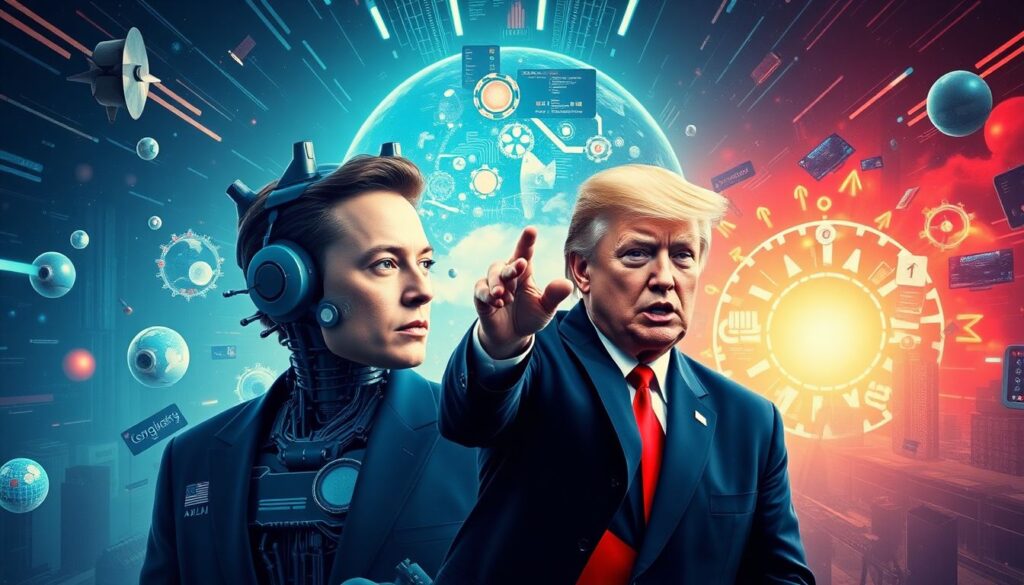 AI, Musk and Trump Add Up to a Turbulent 2025 for Tech Create an image that represents the convergence of AI, Elon Musk, Donald Trump, and the tech industry in a futuristic, somewhat chaotic setting.