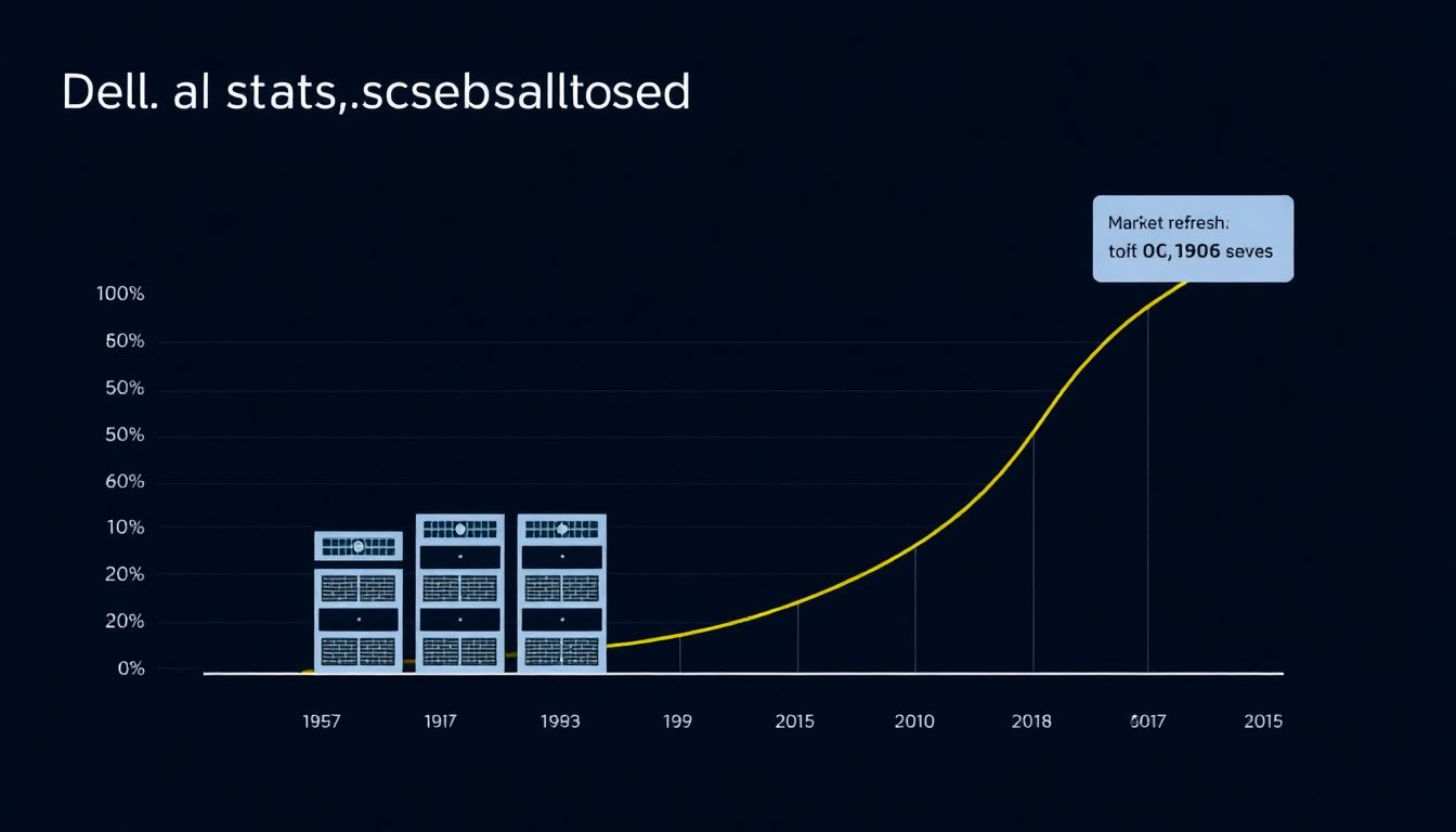 Illustrate Dell's AI-optimized servers and data centers, with a graph showing its potential stock growth and market refresh projections.