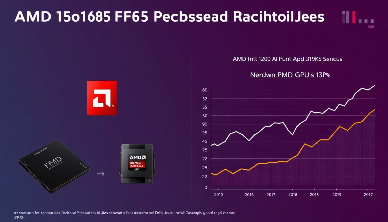 Create an image featuring AMD's GPUs and AI accelerator chips, with a comparison chart against Nvidia and a stock growth projection.