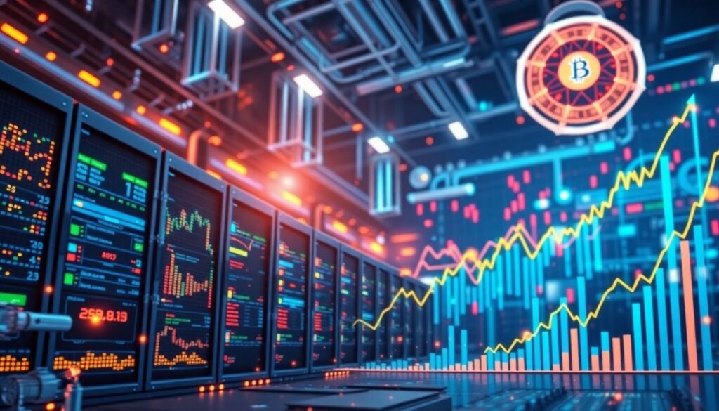 Create an eye-catching banner image featuring futuristic AI-driven technologies, such as advanced semiconductors, data centers, and AI servers, with prominent stock market graphs showcasing growth potential.